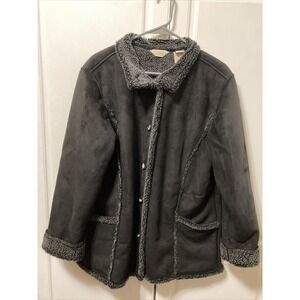 LL Bean Women's Dark Brown Faux‎ Suede Sherpa Coat Jacket Size Large L. L.